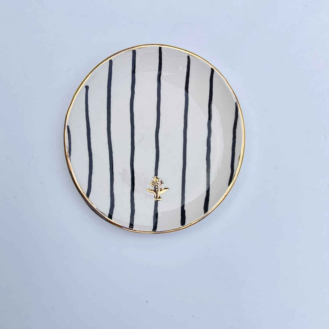 Ceramic Trinket Dish with Black Stripes and Gold Flower Motif Stamp