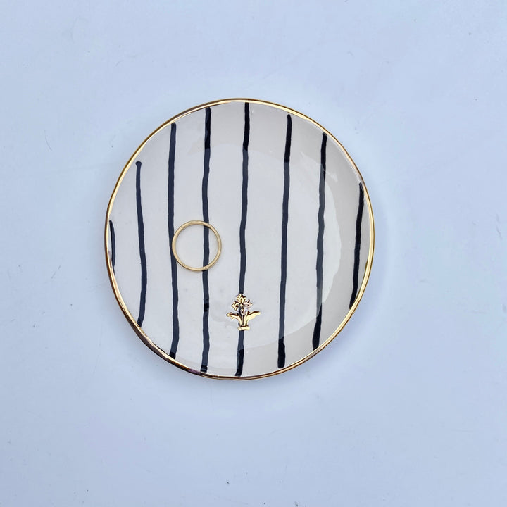 Ceramic Trinket Dish with Black Stripes and Gold Flower Motif Stamp