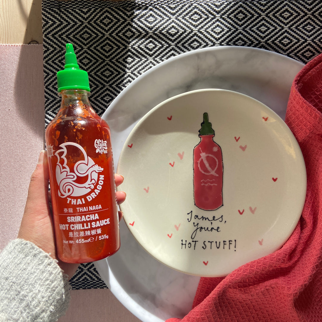 'Hot stuff' personalised plate with Siracha Sauce