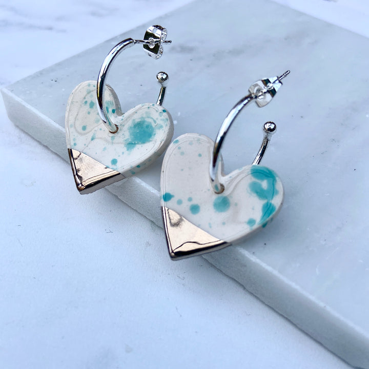 *LIMITED availability* New Turquoise Spotty Ceramic Heart Charm with Hoops (choice of gold/platinum)