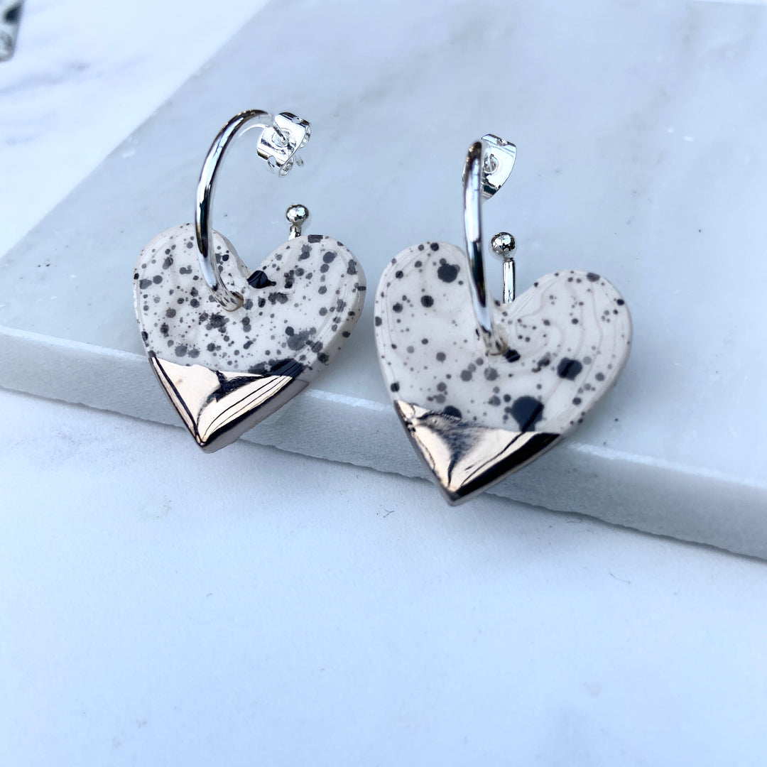 Black and White Spotty Ceramic Heart Charm with Hoops
