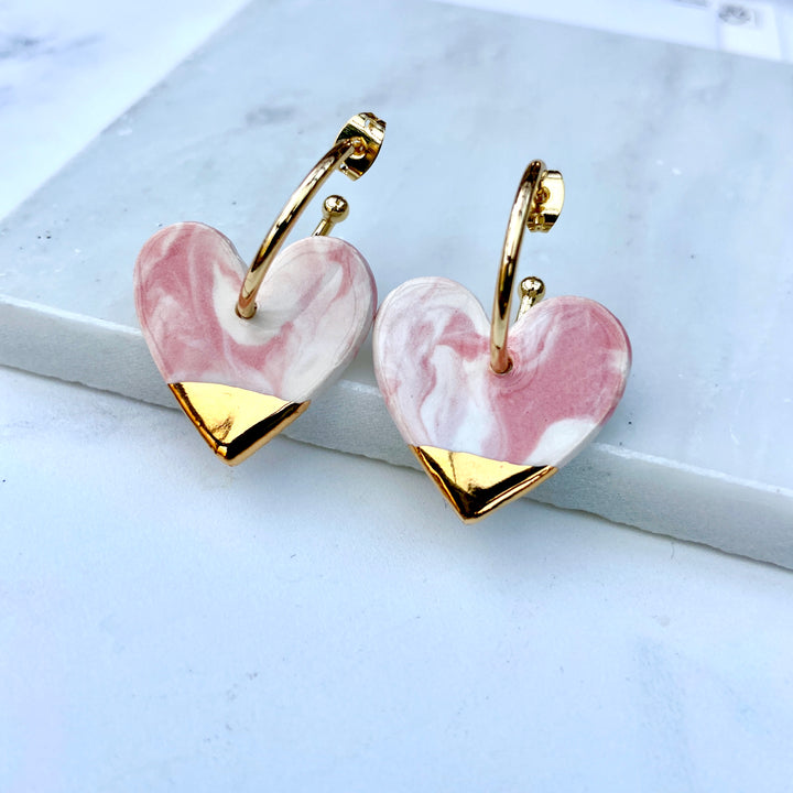 *LIMITED availability* New Pink and White Marble Ceramic Heart Charm with Hoops