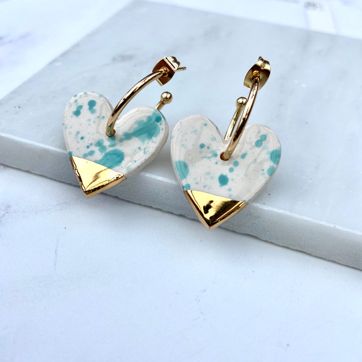 *LIMITED availability* New Turquoise Spotty Ceramic Heart Charm with Hoops (choice of gold/platinum)
