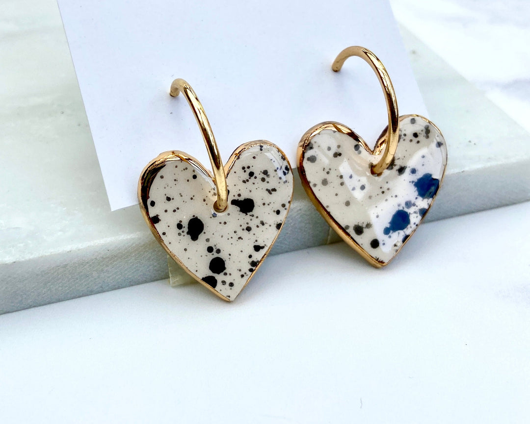 Hoop earrings with ceramic  Heart Charms with Lustre painted edges