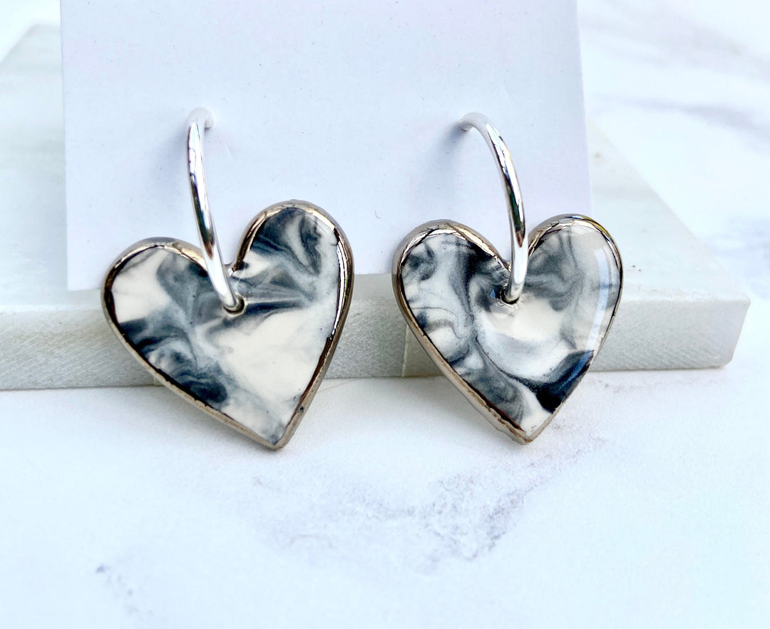 Hoop earrings with ceramic  Heart Charms with Lustre painted edges