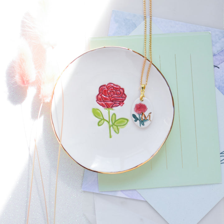 Rose trinket dish and rose necklace set