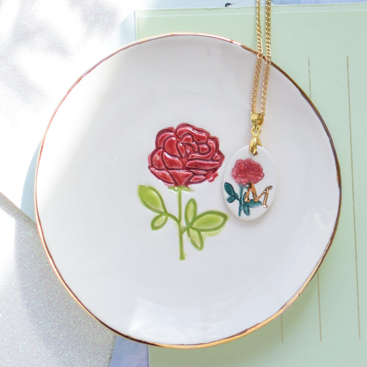 Rose trinket dish and rose necklace set
