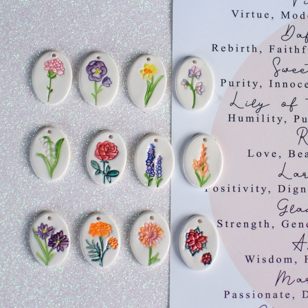 Hand Painted Birth Flower Ceramic necklace