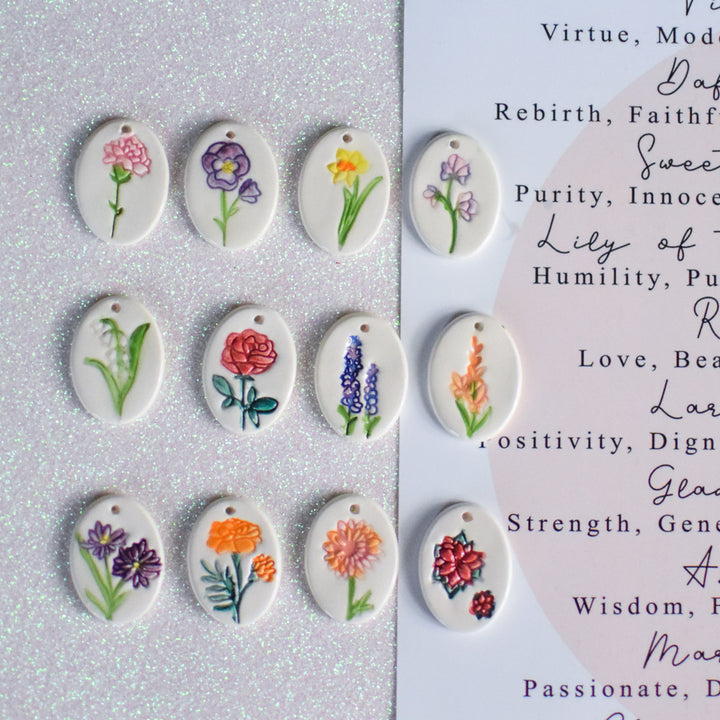 Hand Painted Birth Flower Ceramic necklace