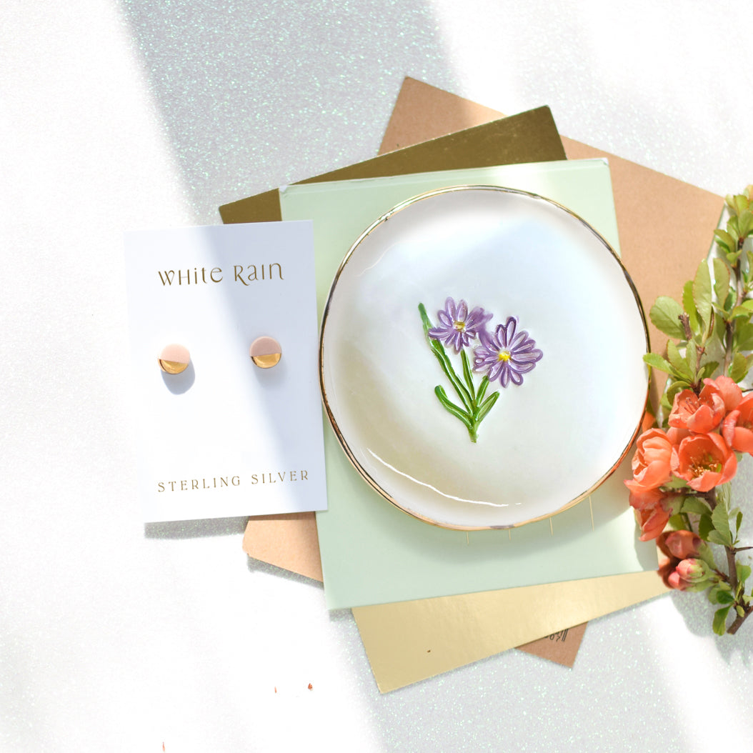 Birth Flower trinket dish with ceramic earrings gift set