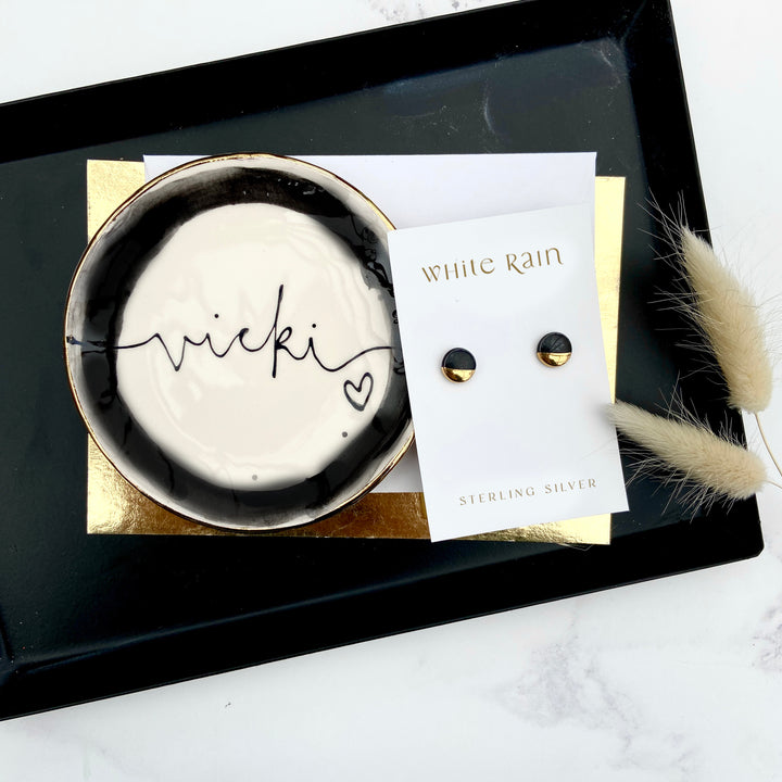 Personalised Black Watercolour style trinket dish and earrings Gift set