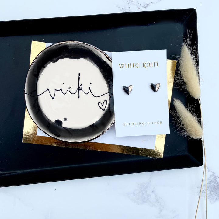 Personalised Black Watercolour style trinket dish and earrings Gift set