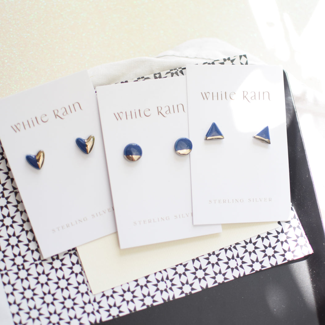 Ceramic stud earrings with platinum lustre on a Happy Mother's Day earring card