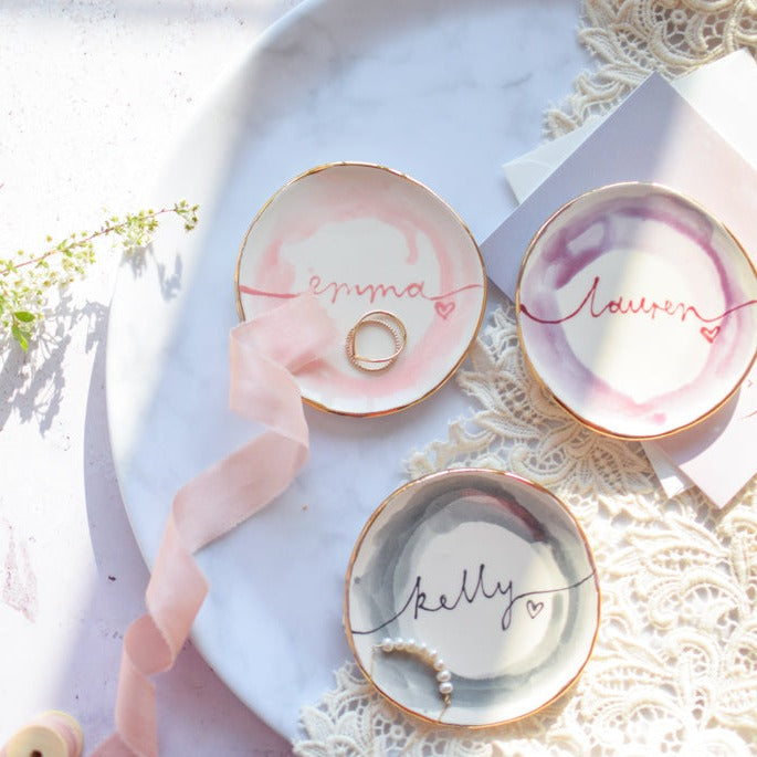 Personalised Watercolour Style Painted Bridesmaid Trinket dish and earrings gift set