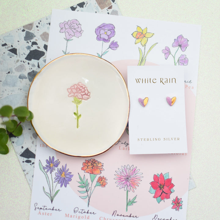 Birth Flower trinket dish with ceramic earrings gift set