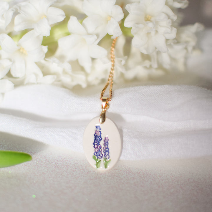 July Birth Flower Larkspur Hand Painted Birth Flower Ceramic Pendant