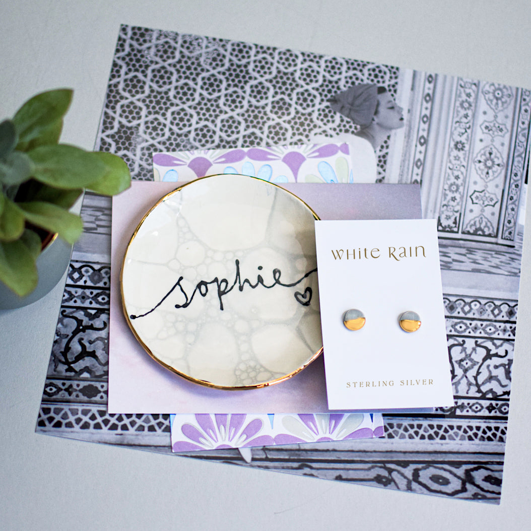 Marble style personalised jewellery dish with ceramic earrings gift set