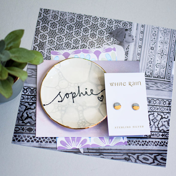 Marble style personalised jewellery dish with ceramic earrings gift set