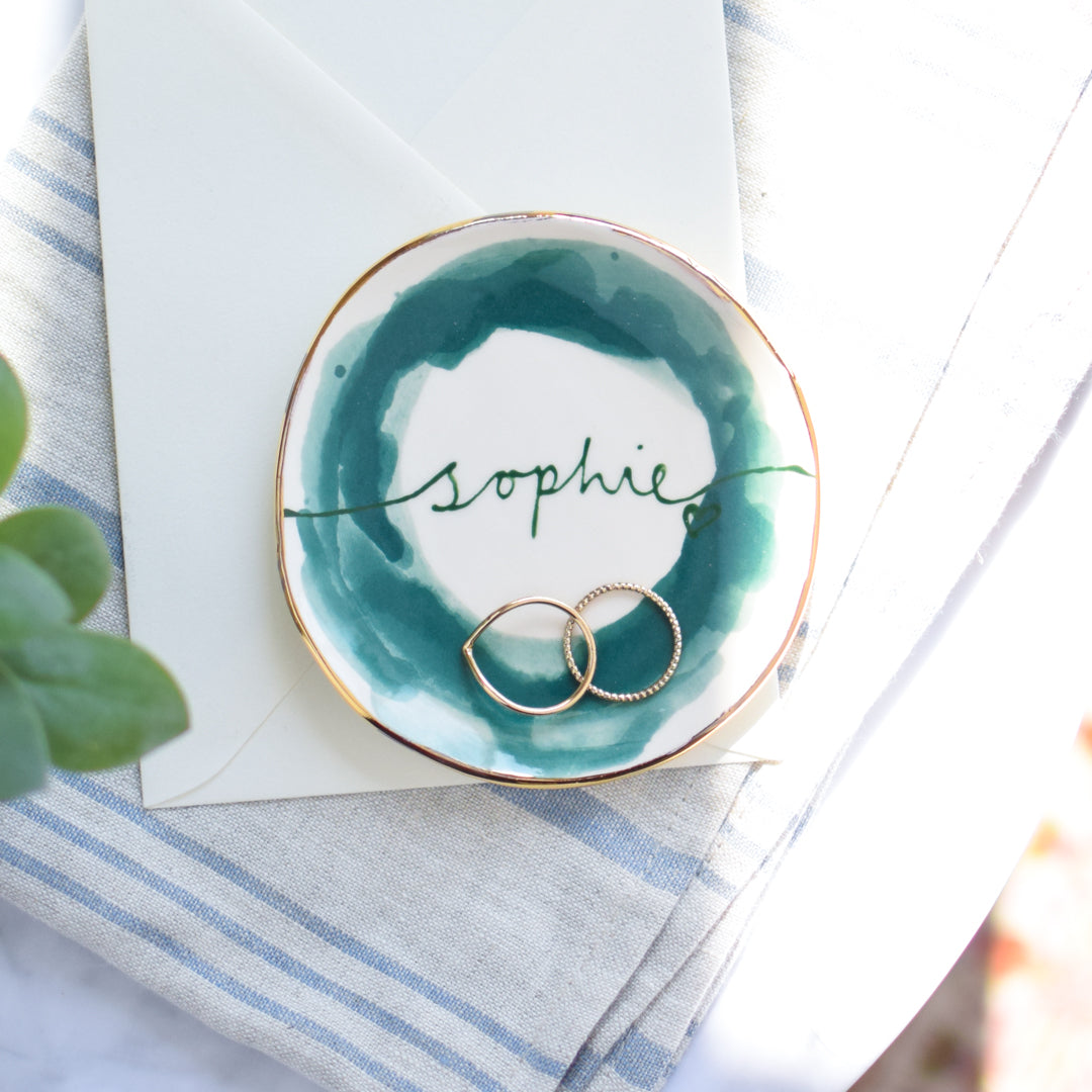 Personalised Watercolour Style Painted Bridesmaid Trinket dish and earrings gift set