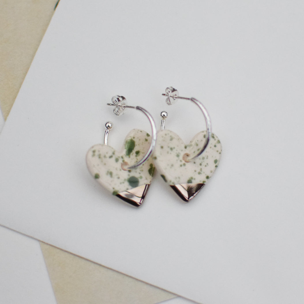 *LIMITED availability* New Green Spotty Ceramic Heart Charm with SMALL Hoops (choice of gold/platinum)