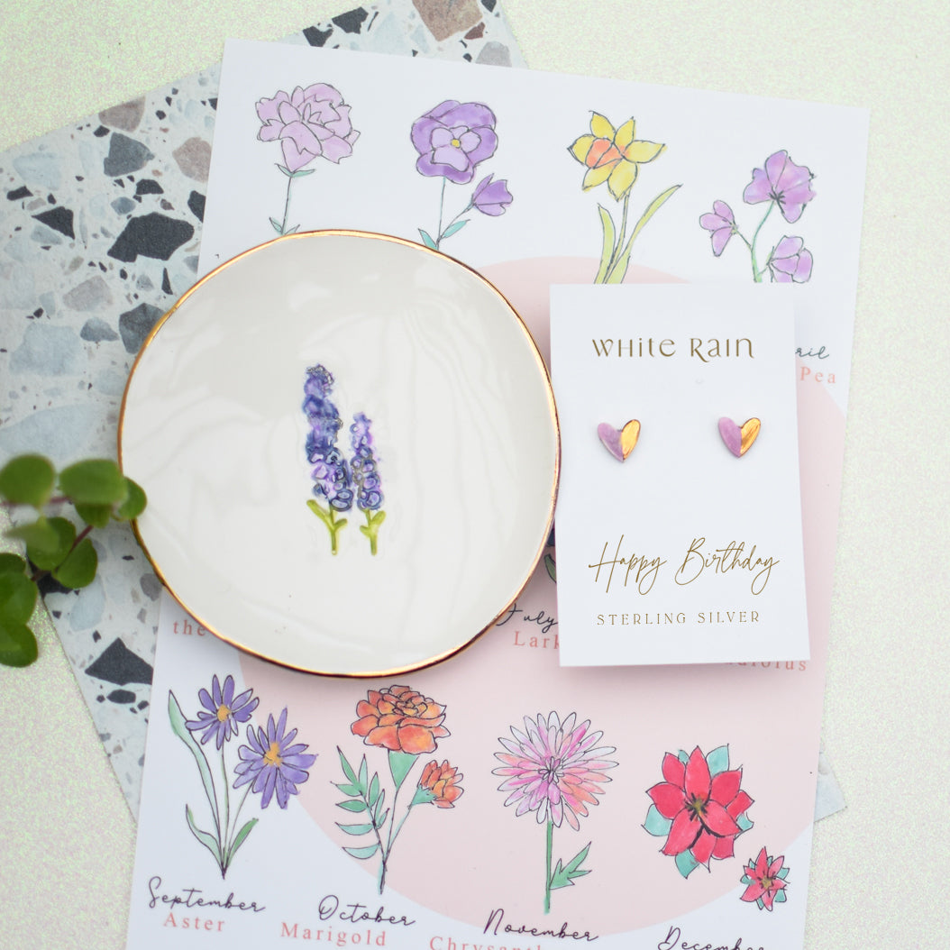 Birth Flower trinket dish with ceramic earrings gift set