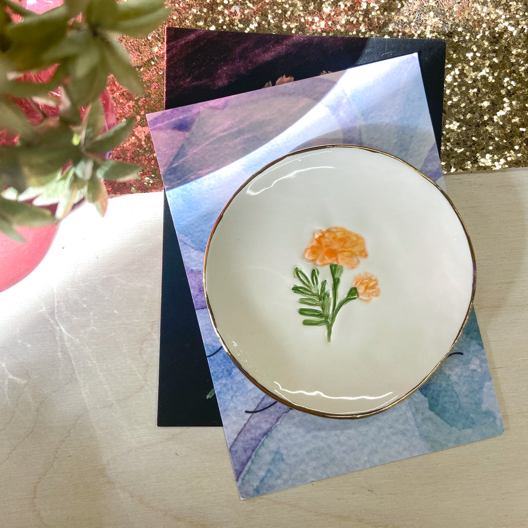 Birth Flower trinket dish with ceramic earrings gift set