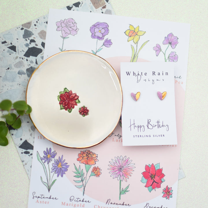 December Birth Flower trinket dish with ceramic earrings gift set