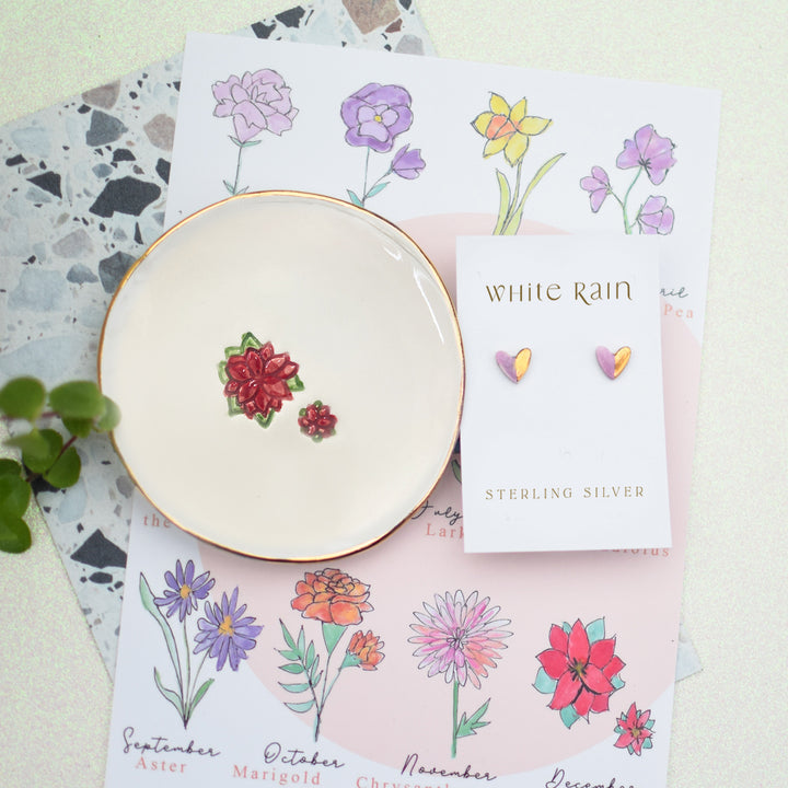 Birth Flower trinket dish with ceramic earrings gift set