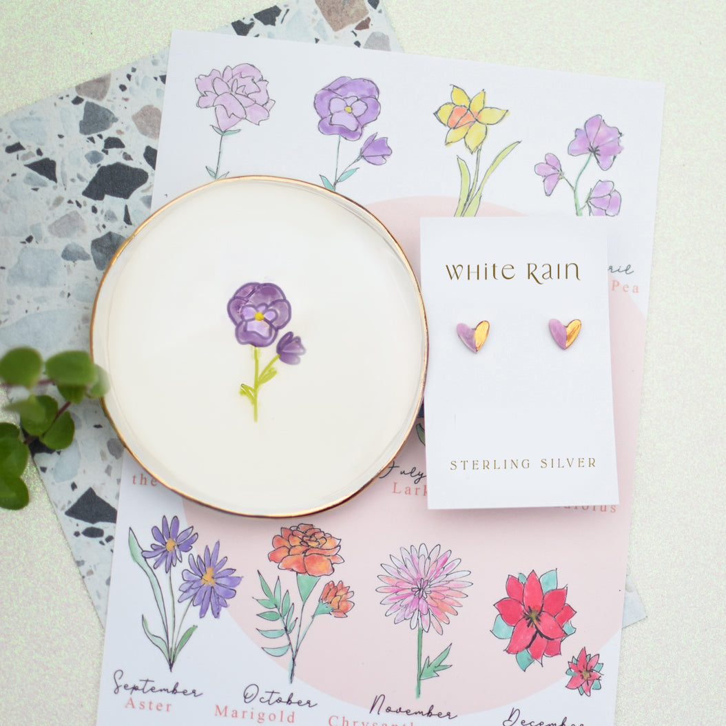 Birth Flower trinket dish with ceramic earrings gift set