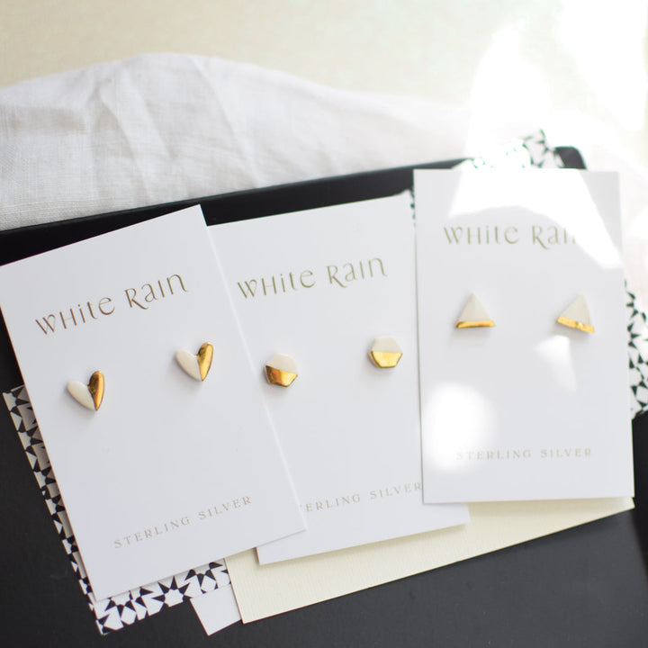 Ceramic stud earrings with gold lustre on a Happy Mother's Day Earring card