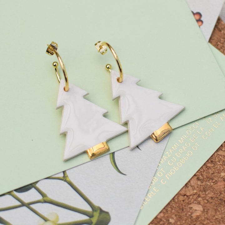 White and Gold Ceramic Christmas Tree charms with Hoops